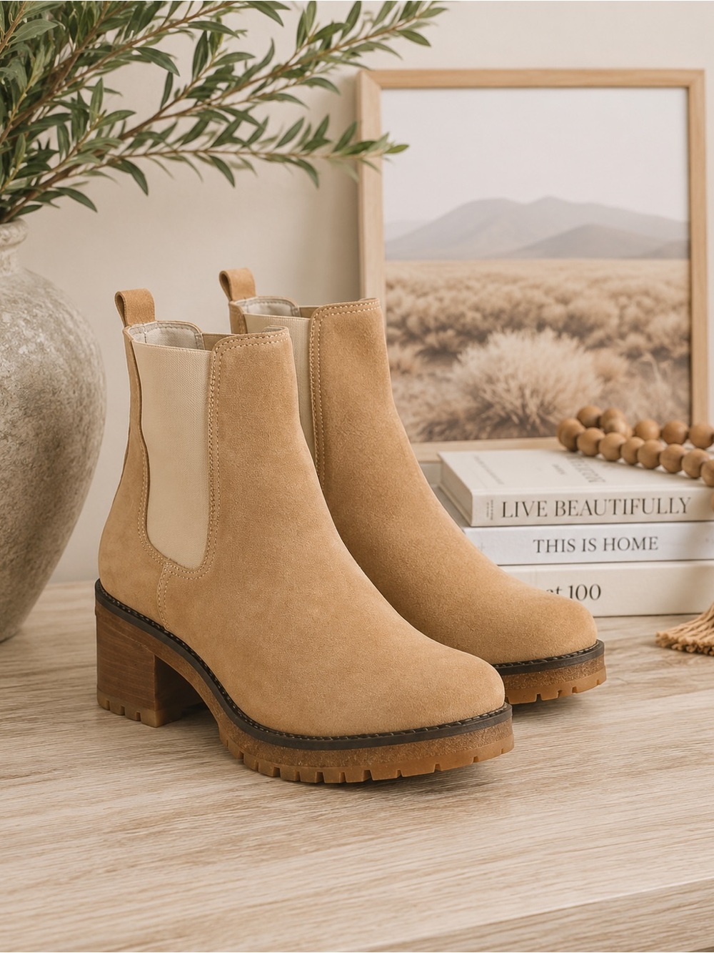 Cruza Tendencia Nude Made In Portugal Suede Leather Lug Sole Booties Size 7.5